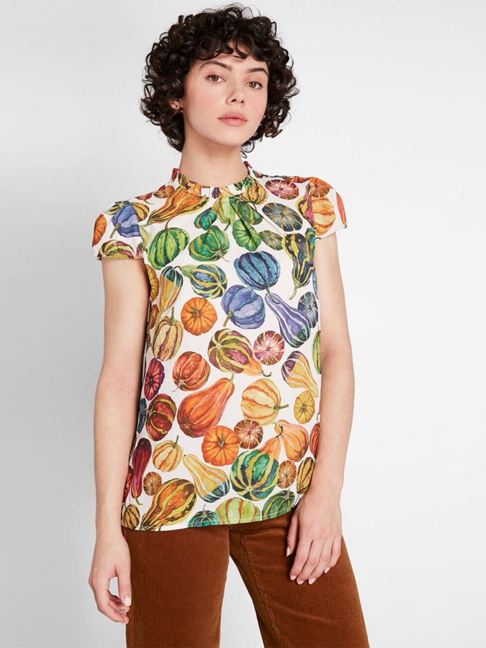 Modcloth Fancied Flair Cap-Sleeve Blouse Colorful Squash Gourd Top small